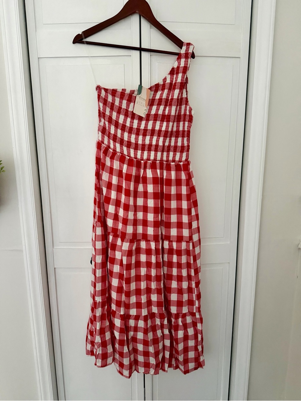 Red Gingham One-Shoulder Maxi Dress